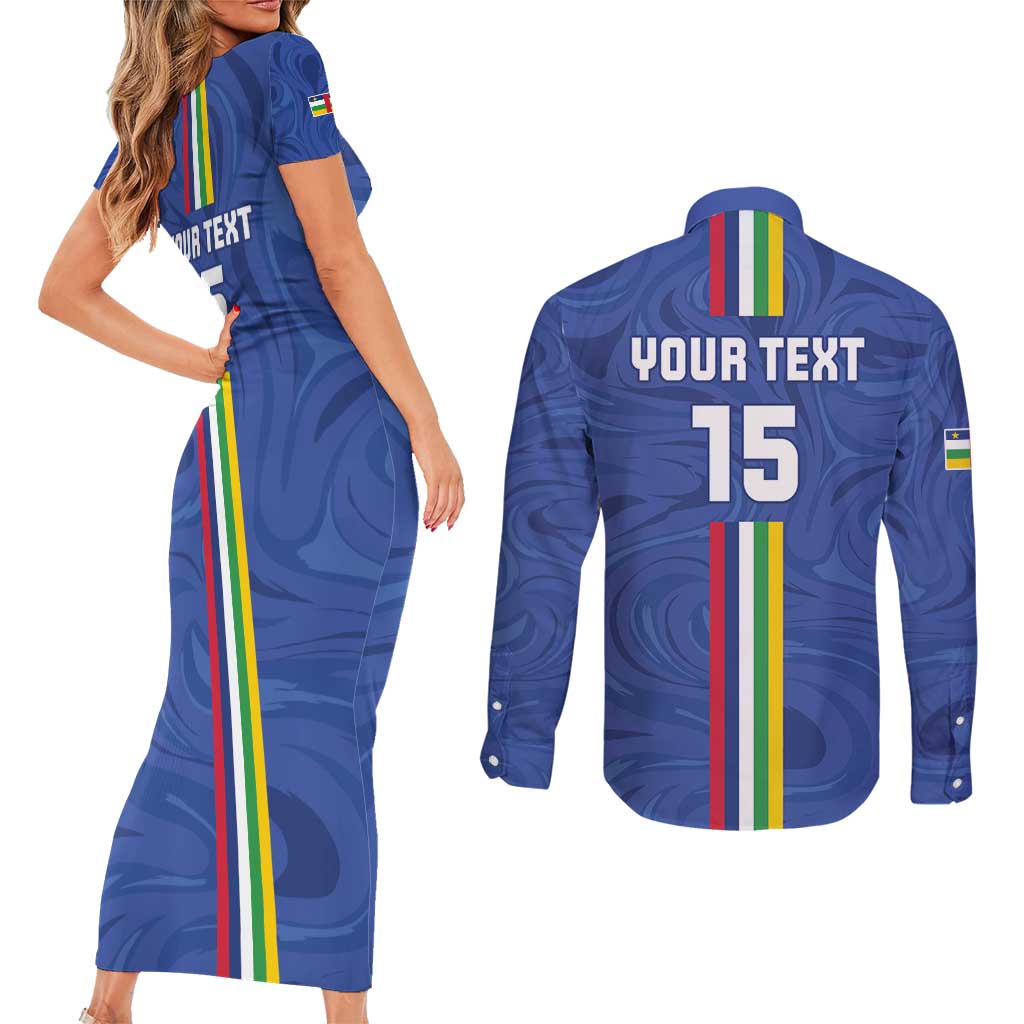Custom Central African Republic Football Couples Matching Short Sleeve Bodycon Dress and Long Sleeve Button Shirt Go Les Fauves Go