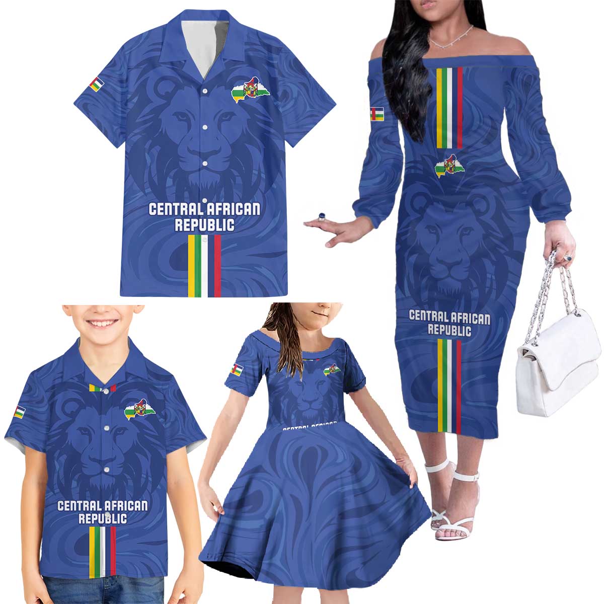 Custom Central African Republic Football Family Matching Off The Shoulder Long Sleeve Dress and Hawaiian Shirt Go Les Fauves Go