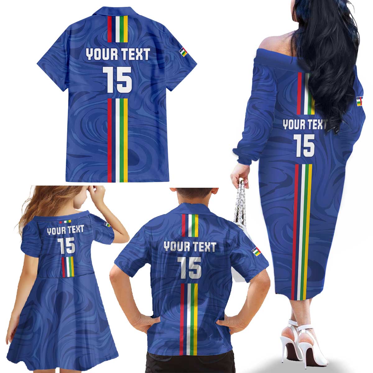 Custom Central African Republic Football Family Matching Off The Shoulder Long Sleeve Dress and Hawaiian Shirt Go Les Fauves Go