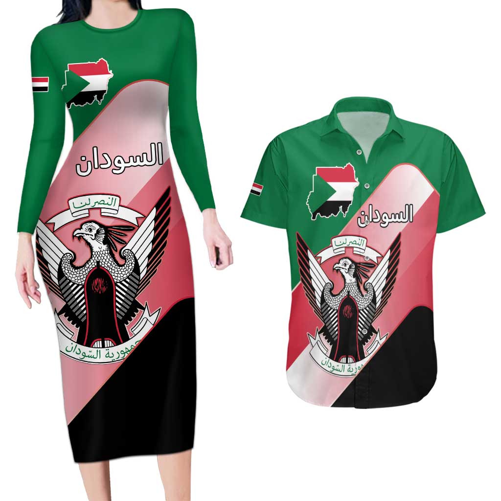 Personalized Sudan Couples Matching Long Sleeve Bodycon Dress and Hawaiian Shirt Sudanese Secretary Bird Flag Style