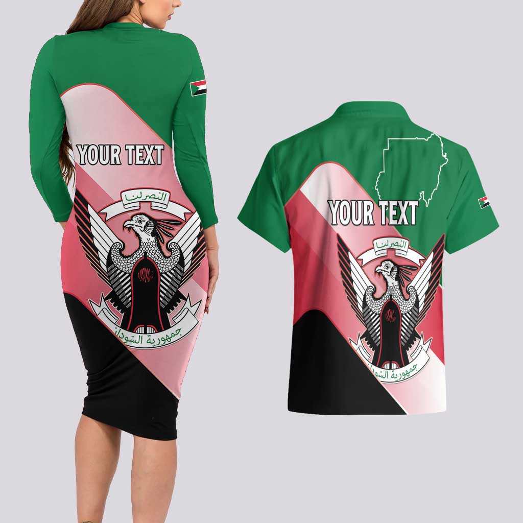 Personalized Sudan Couples Matching Long Sleeve Bodycon Dress and Hawaiian Shirt Sudanese Secretary Bird Flag Style