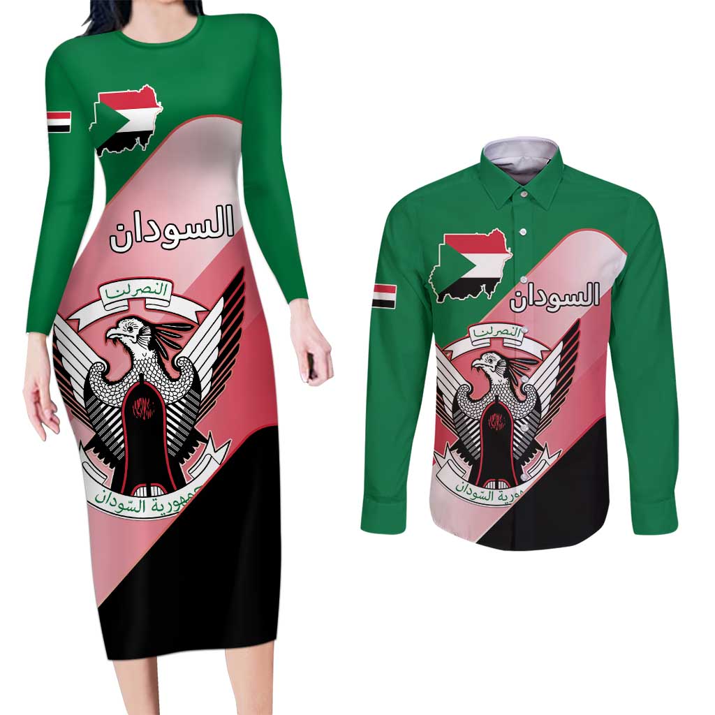 Personalized Sudan Couples Matching Long Sleeve Bodycon Dress and Long Sleeve Button Shirt Sudanese Secretary Bird Flag Style