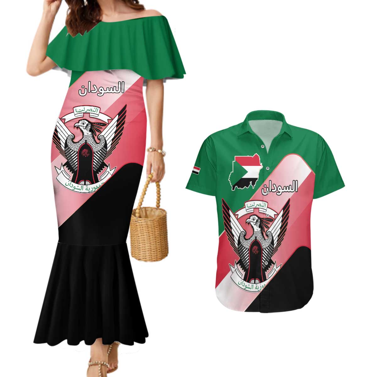 Personalized Sudan Couples Matching Mermaid Dress and Hawaiian Shirt Sudanese Secretary Bird Flag Style
