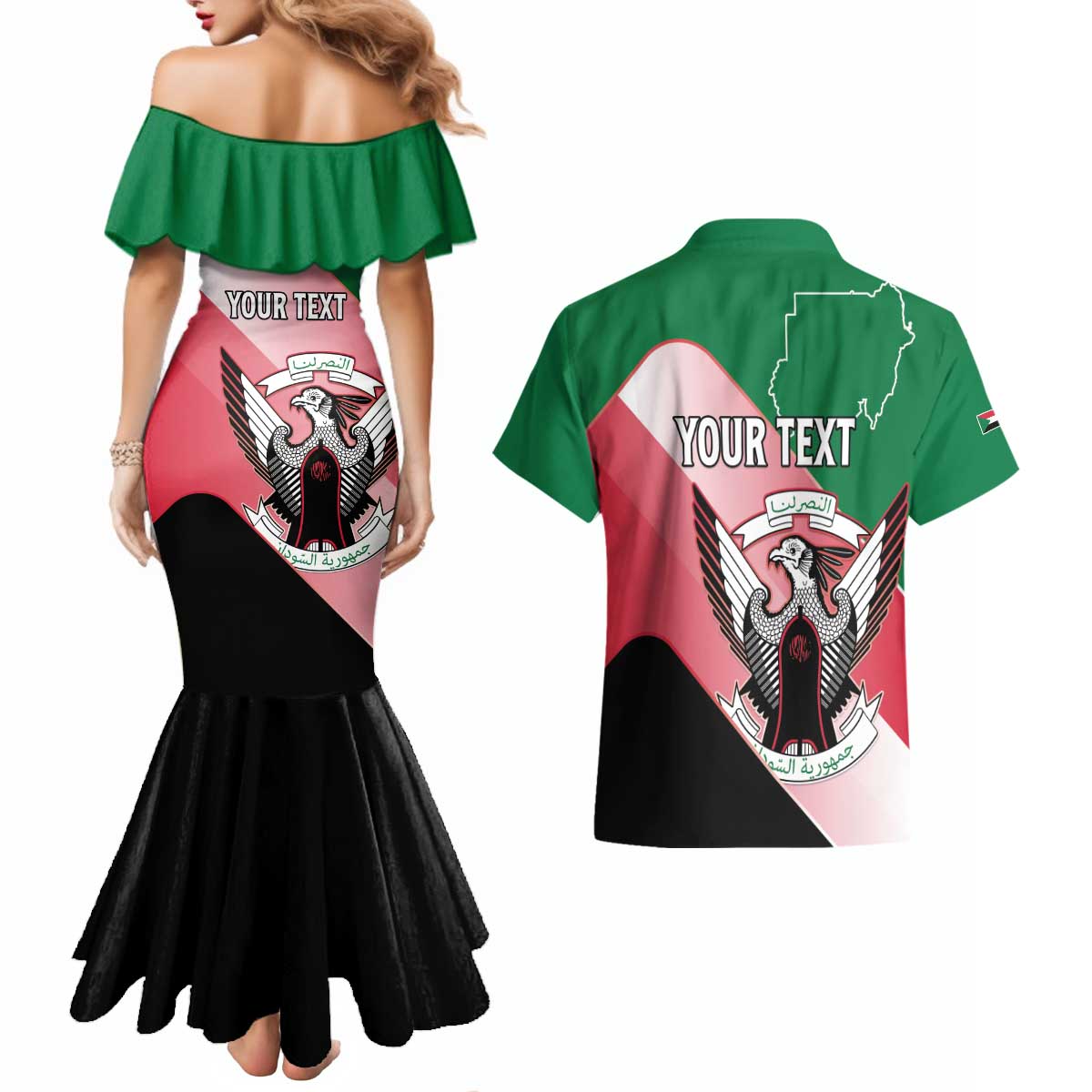 Personalized Sudan Couples Matching Mermaid Dress and Hawaiian Shirt Sudanese Secretary Bird Flag Style