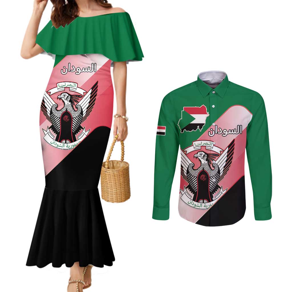 Personalized Sudan Couples Matching Mermaid Dress and Long Sleeve Button Shirt Sudanese Secretary Bird Flag Style