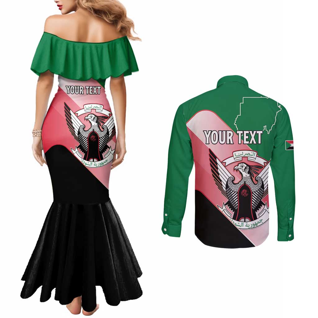Personalized Sudan Couples Matching Mermaid Dress and Long Sleeve Button Shirt Sudanese Secretary Bird Flag Style