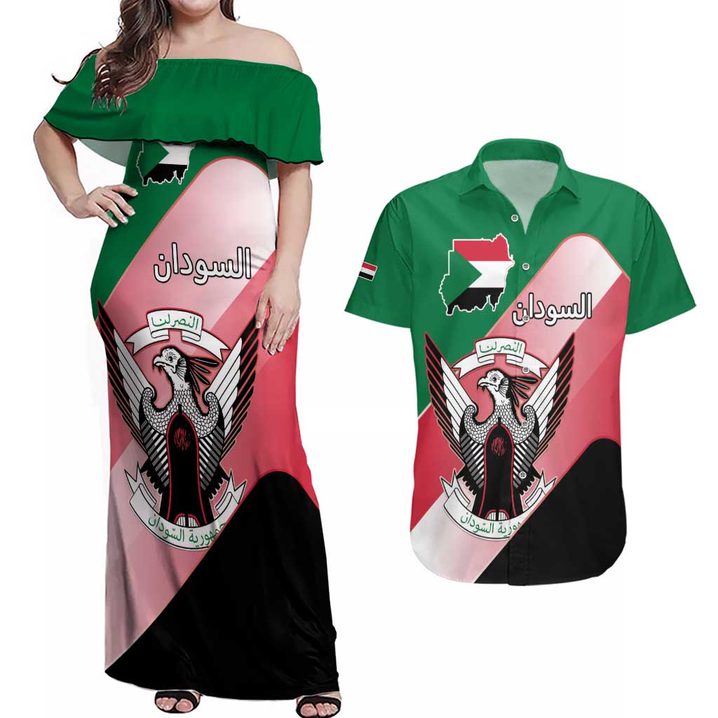 Personalized Sudan Couples Matching Off Shoulder Maxi Dress and Hawaiian Shirt Sudanese Secretary Bird Flag Style