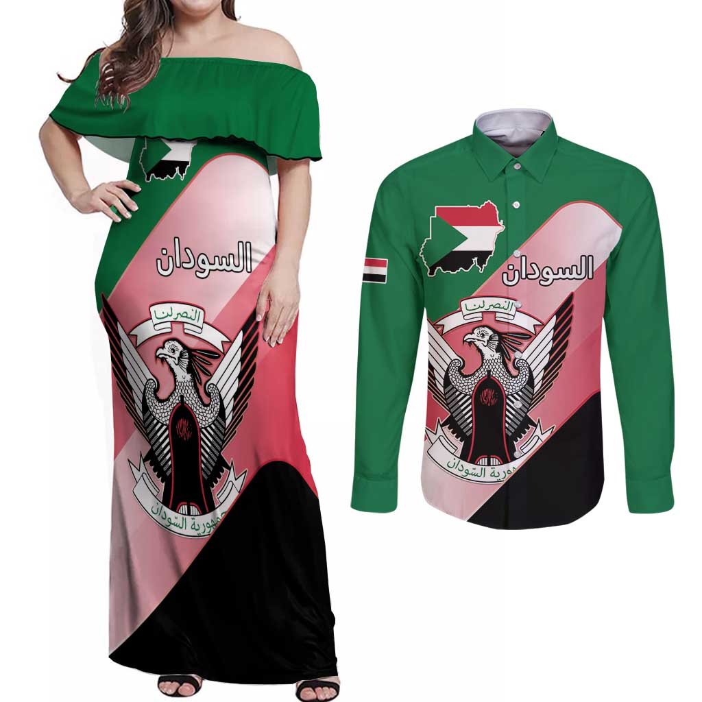 Personalized Sudan Couples Matching Off Shoulder Maxi Dress and Long Sleeve Button Shirt Sudanese Secretary Bird Flag Style