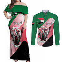 Personalized Sudan Couples Matching Off Shoulder Maxi Dress and Long Sleeve Button Shirt Sudanese Secretary Bird Flag Style