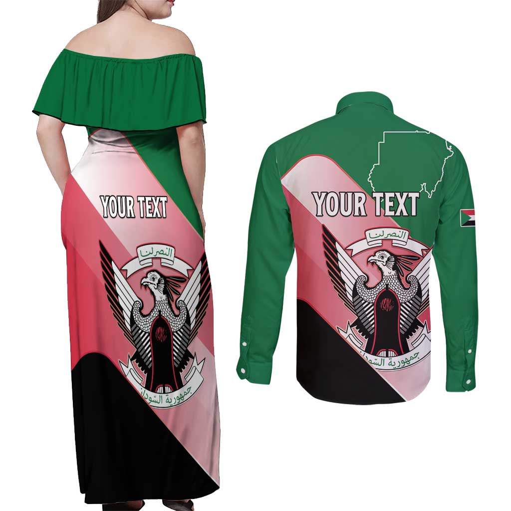 Personalized Sudan Couples Matching Off Shoulder Maxi Dress and Long Sleeve Button Shirt Sudanese Secretary Bird Flag Style