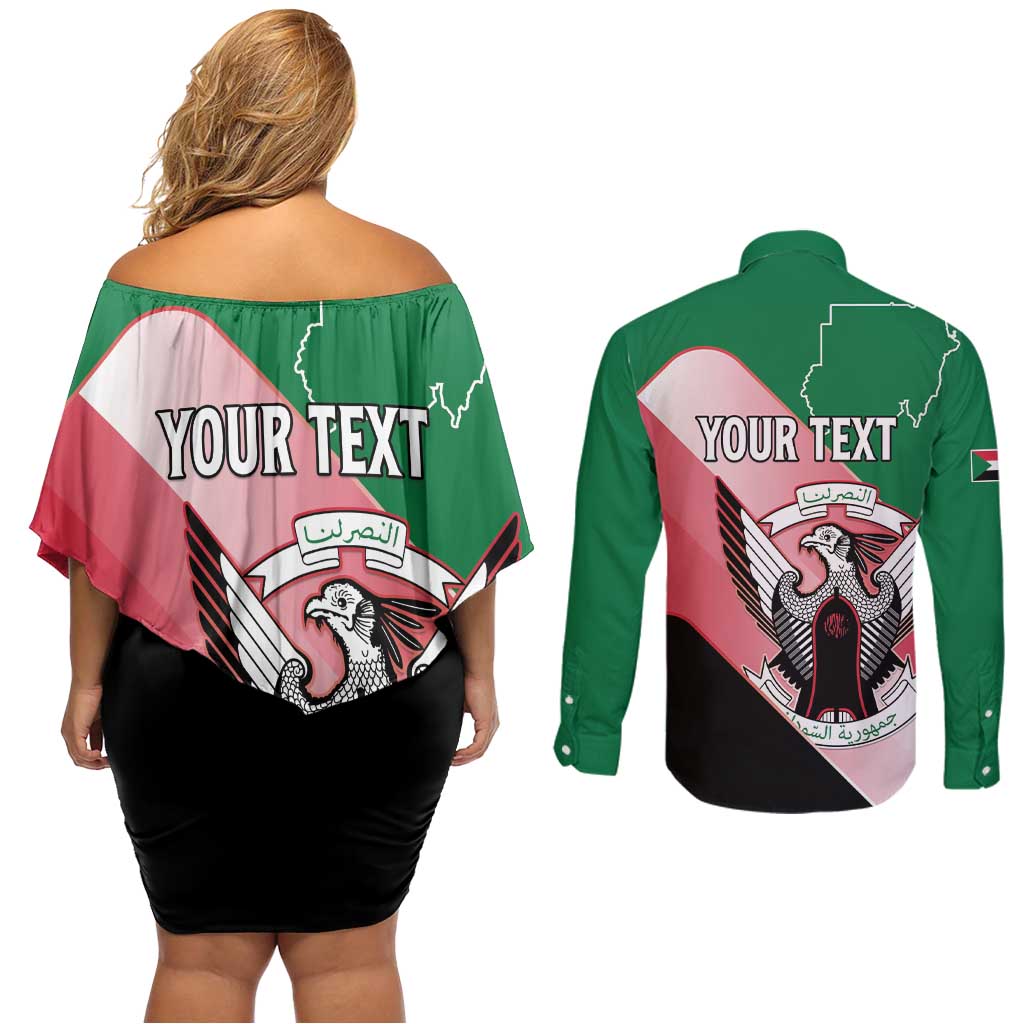 Personalized Sudan Couples Matching Off Shoulder Short Dress and Long Sleeve Button Shirt Sudanese Secretary Bird Flag Style