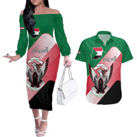 Personalized Sudan Couples Matching Off The Shoulder Long Sleeve Dress and Hawaiian Shirt Sudanese Secretary Bird Flag Style