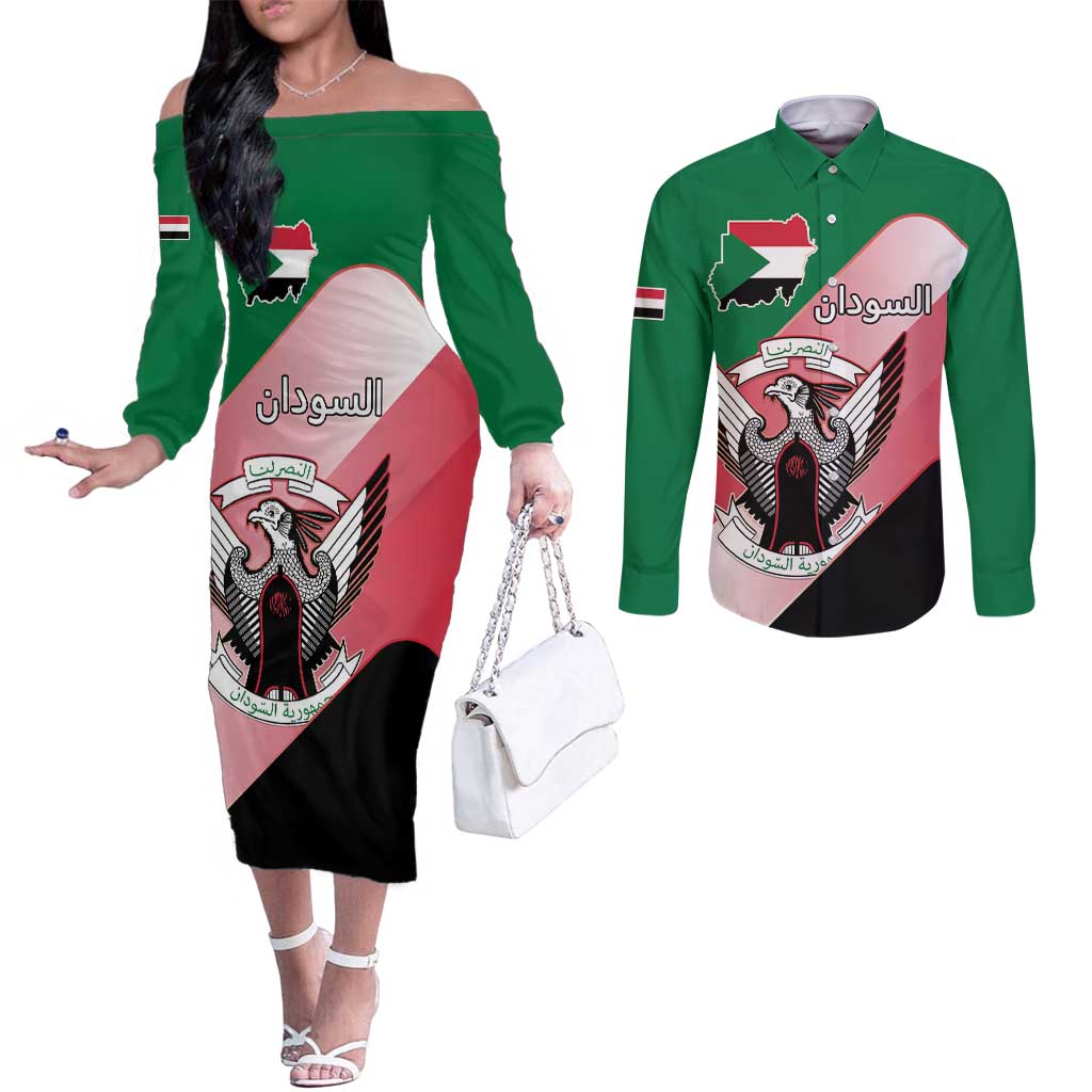 Personalized Sudan Couples Matching Off The Shoulder Long Sleeve Dress and Long Sleeve Button Shirt Sudanese Secretary Bird Flag Style