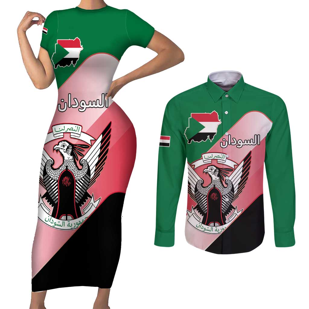 Personalized Sudan Couples Matching Short Sleeve Bodycon Dress and Long Sleeve Button Shirt Sudanese Secretary Bird Flag Style