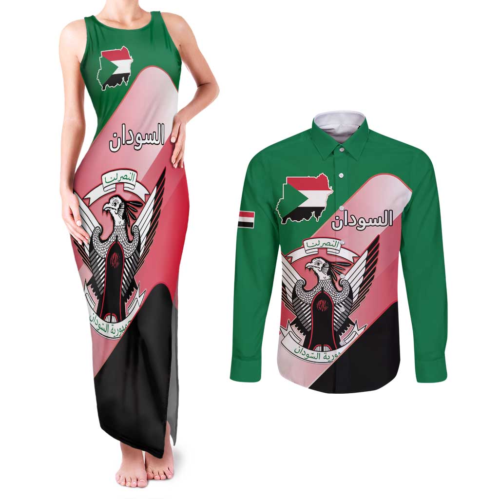 Personalized Sudan Couples Matching Tank Maxi Dress and Long Sleeve Button Shirt Sudanese Secretary Bird Flag Style