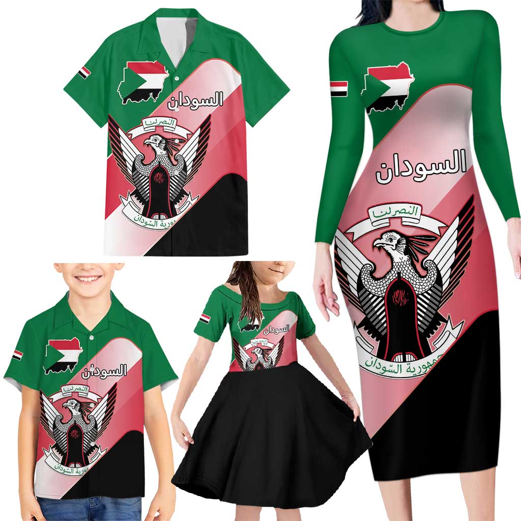 Personalized Sudan Family Matching Long Sleeve Bodycon Dress and Hawaiian Shirt Sudanese Secretary Bird Flag Style