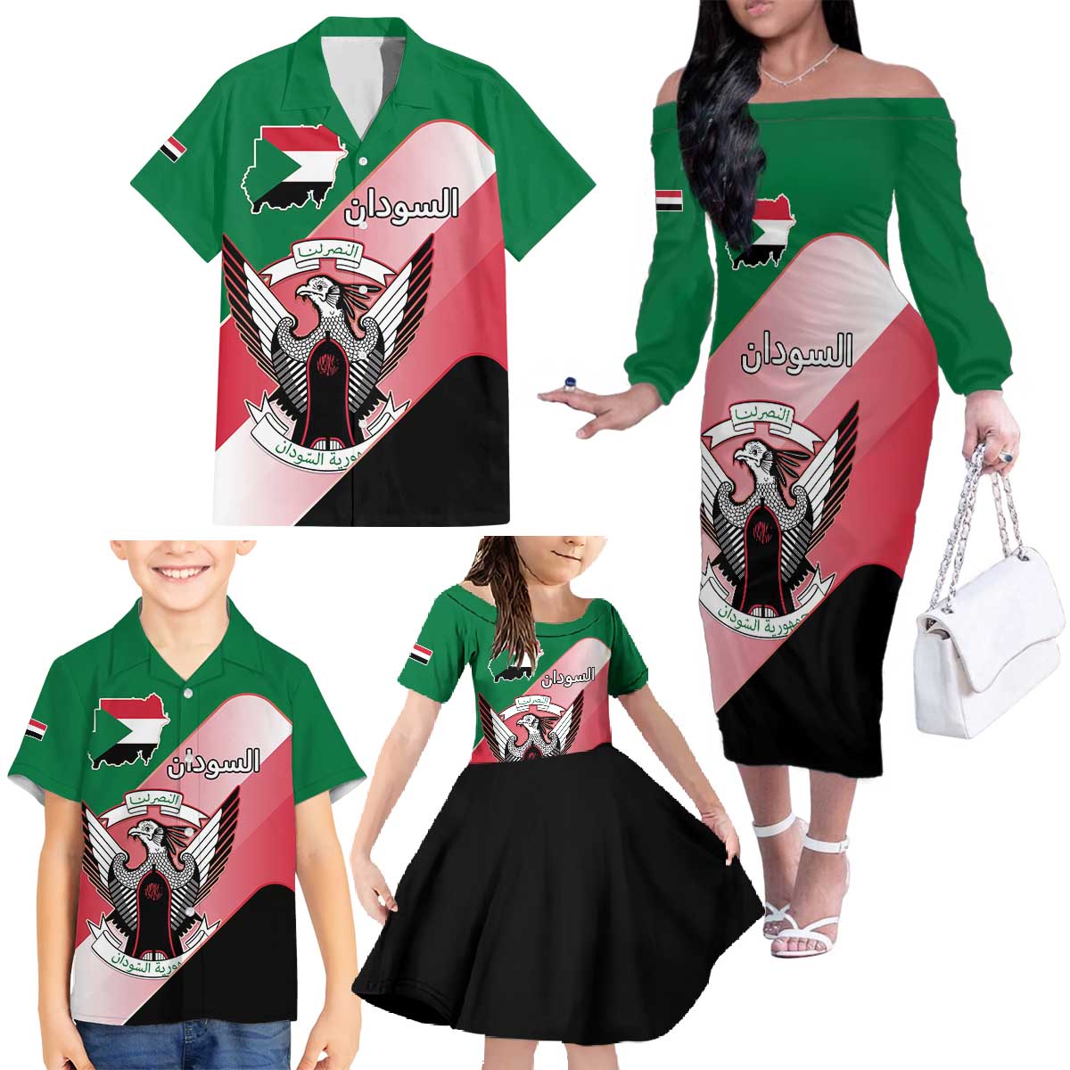 Personalized Sudan Family Matching Off The Shoulder Long Sleeve Dress and Hawaiian Shirt Sudanese Secretary Bird Flag Style