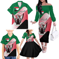 Personalized Sudan Family Matching Off The Shoulder Long Sleeve Dress and Hawaiian Shirt Sudanese Secretary Bird Flag Style