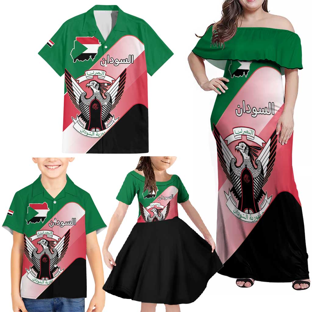 Personalized Sudan Family Matching Off Shoulder Maxi Dress and Hawaiian Shirt Sudanese Secretary Bird Flag Style