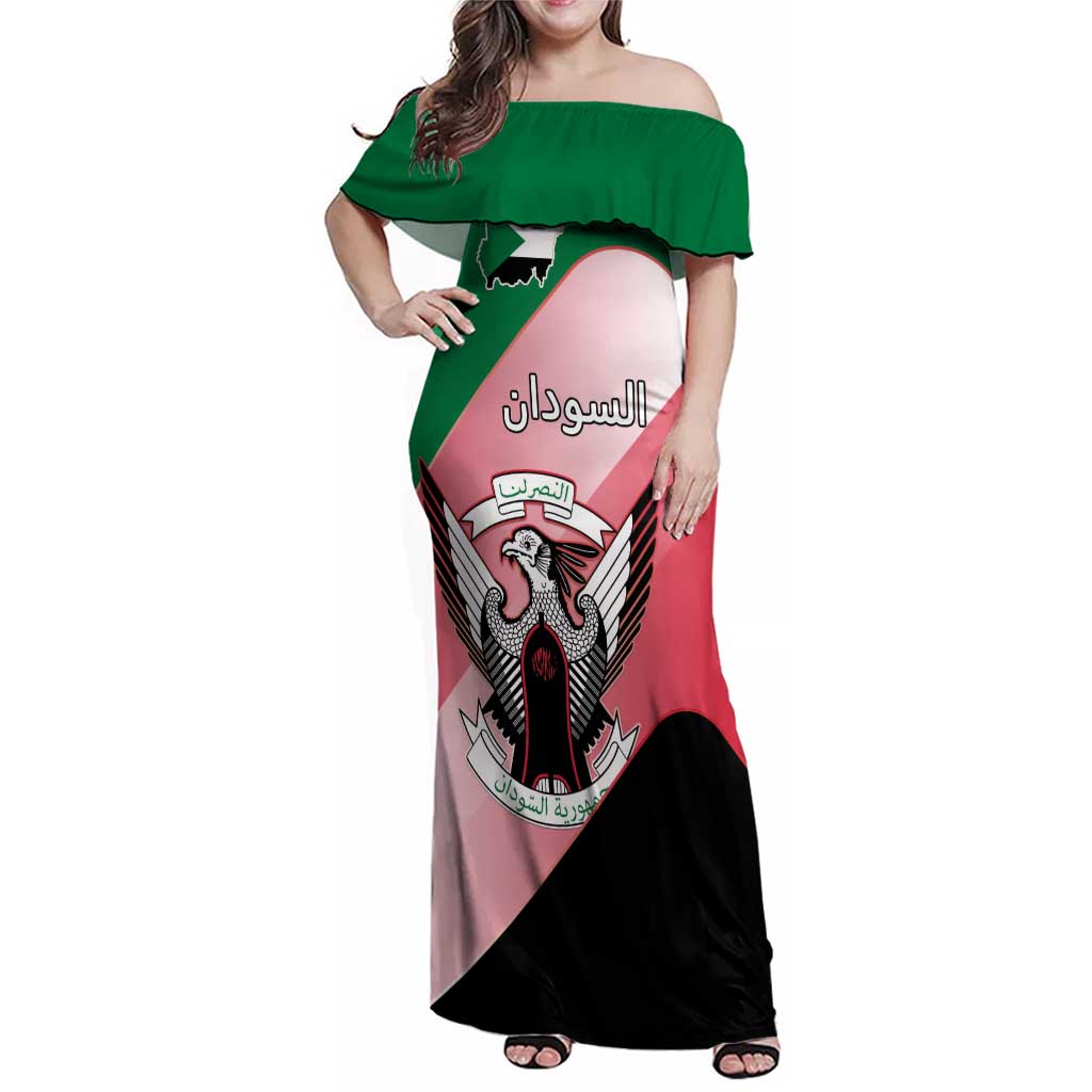 Personalized Sudan Family Matching Off Shoulder Maxi Dress and Hawaiian Shirt Sudanese Secretary Bird Flag Style
