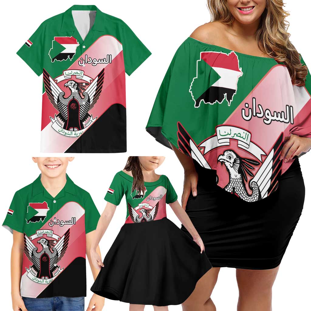 Personalized Sudan Family Matching Off Shoulder Short Dress and Hawaiian Shirt Sudanese Secretary Bird Flag Style