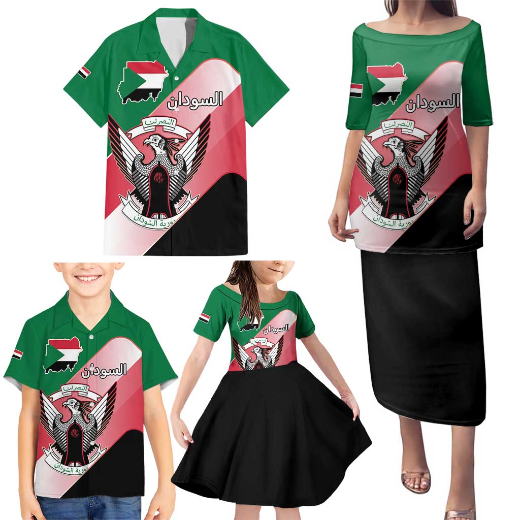 Personalized Sudan Family Matching Puletasi and Hawaiian Shirt Sudanese Secretary Bird Flag Style