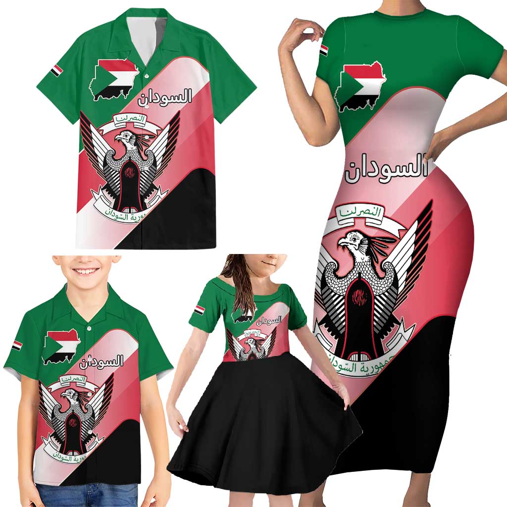 Personalized Sudan Family Matching Short Sleeve Bodycon Dress and Hawaiian Shirt Sudanese Secretary Bird Flag Style