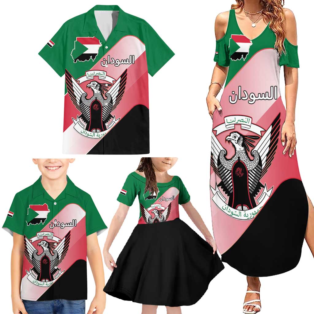 Personalized Sudan Family Matching Summer Maxi Dress and Hawaiian Shirt Sudanese Secretary Bird Flag Style