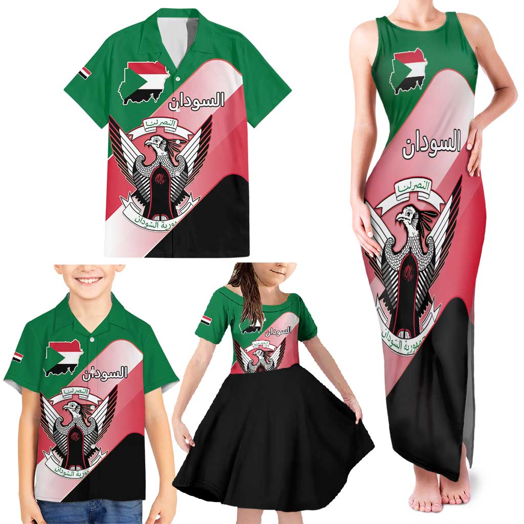 Personalized Sudan Family Matching Tank Maxi Dress and Hawaiian Shirt Sudanese Secretary Bird Flag Style