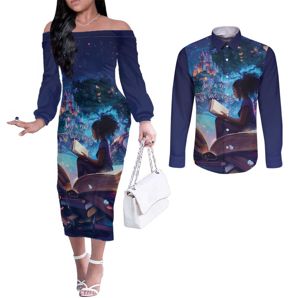 Black Girls Book Lovers Couples Matching Off The Shoulder Long Sleeve Dress and Long Sleeve Button Shirt Just A Girl Who Loves Books