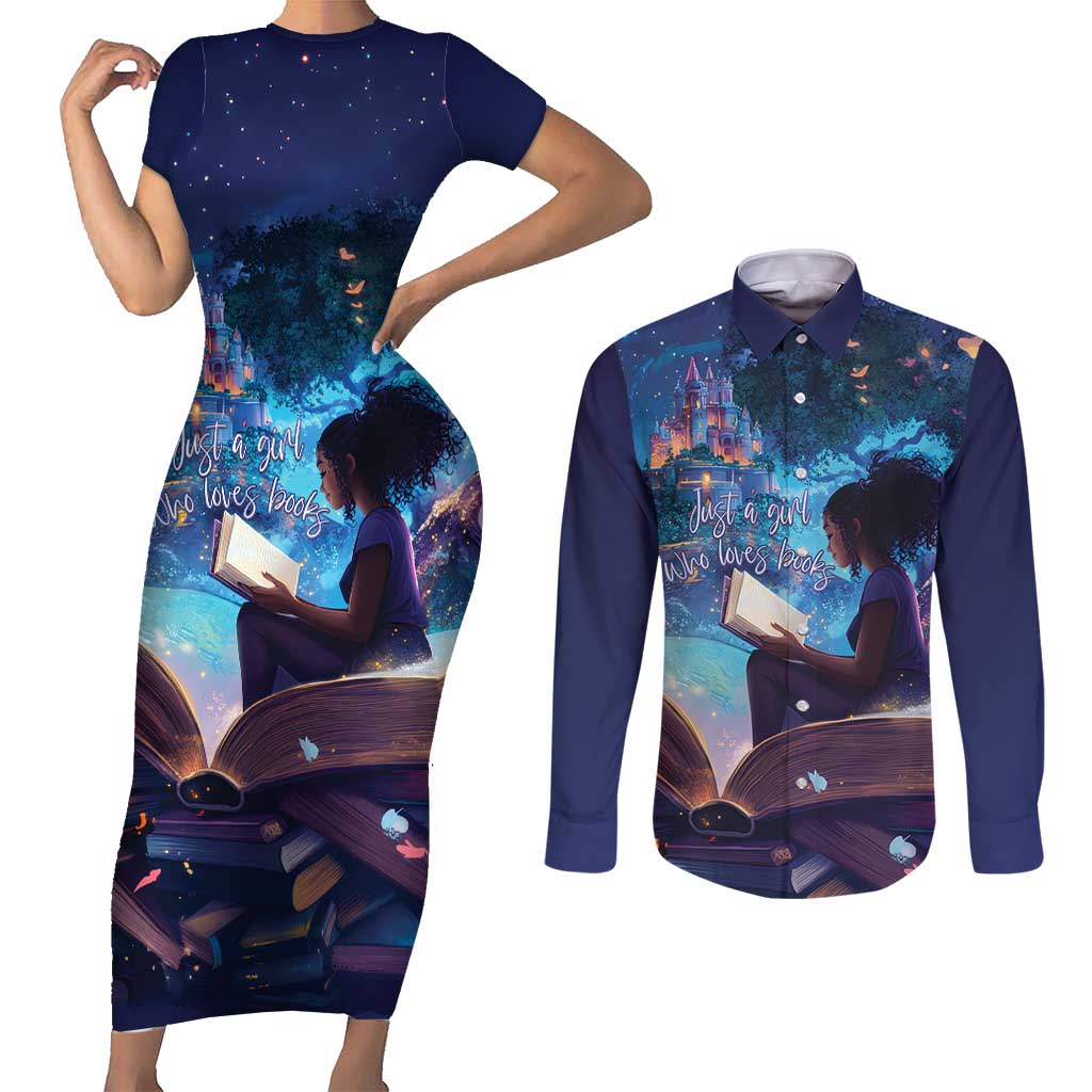 Black Girls Book Lovers Couples Matching Short Sleeve Bodycon Dress and Long Sleeve Button Shirt Just A Girl Who Loves Books