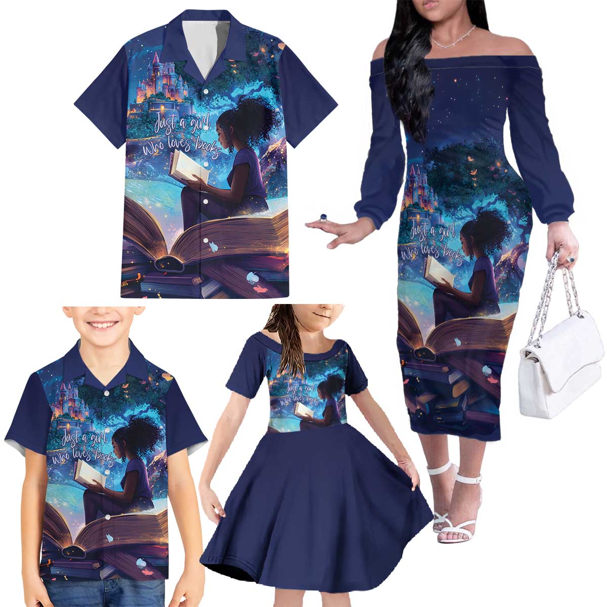 Black Girls Book Lovers Family Matching Off The Shoulder Long Sleeve Dress and Hawaiian Shirt Just A Girl Who Loves Books