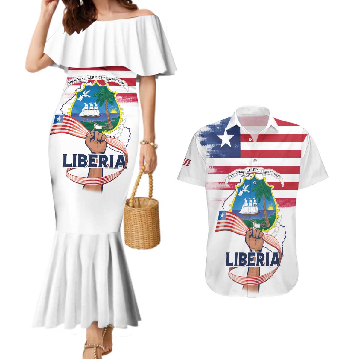 Personalised Liberia Flag Day Couples Matching Mermaid Dress and Hawaiian Shirt Our Flag Our Pride