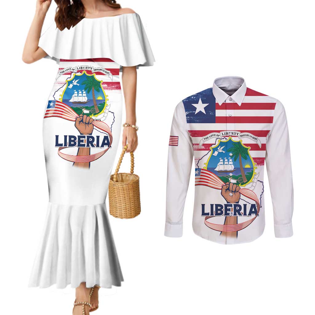 Personalised Liberia Flag Day Couples Matching Mermaid Dress and Long Sleeve Button Shirt Our Flag Our Pride