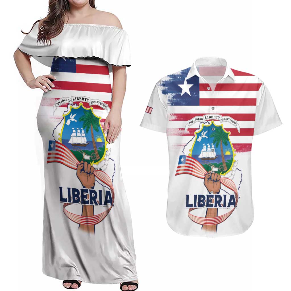 Personalised Liberia Flag Day Couples Matching Off Shoulder Maxi Dress and Hawaiian Shirt Our Flag Our Pride