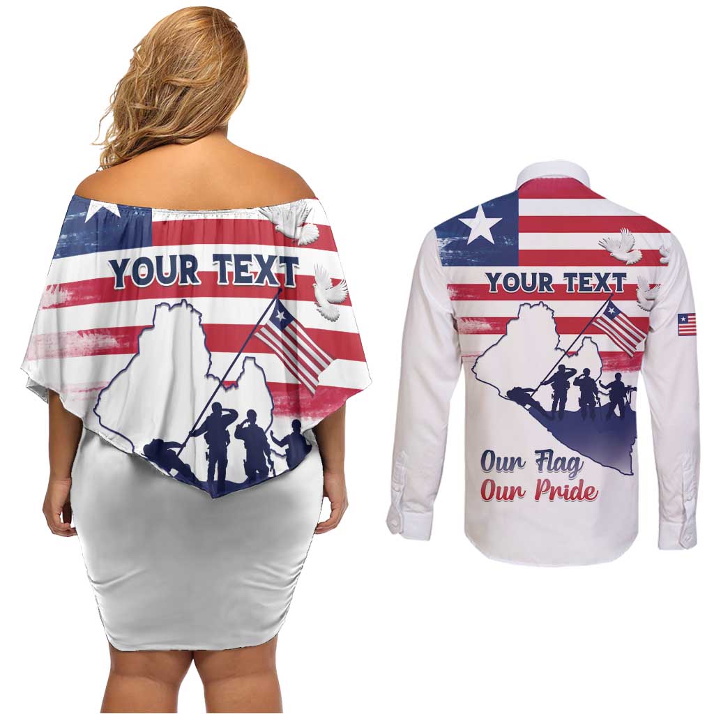Personalised Liberia Flag Day Couples Matching Off Shoulder Short Dress and Long Sleeve Button Shirt Our Flag Our Pride