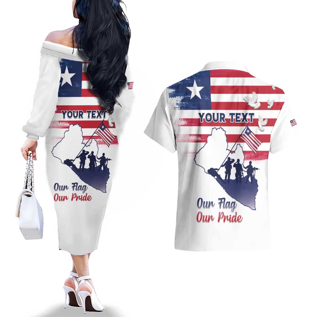 Personalised Liberia Flag Day Couples Matching Off The Shoulder Long Sleeve Dress and Hawaiian Shirt Our Flag Our Pride