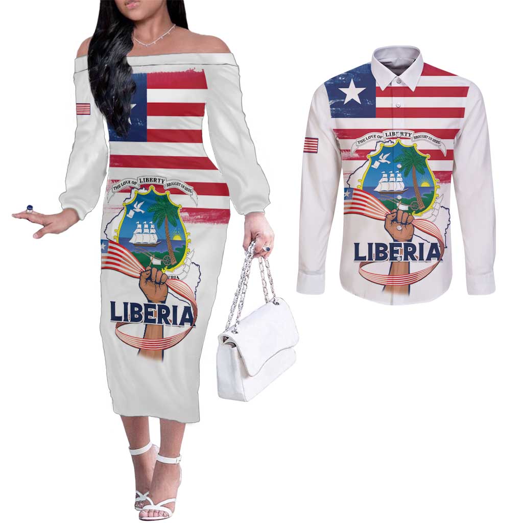 Personalised Liberia Flag Day Couples Matching Off The Shoulder Long Sleeve Dress and Long Sleeve Button Shirt Our Flag Our Pride