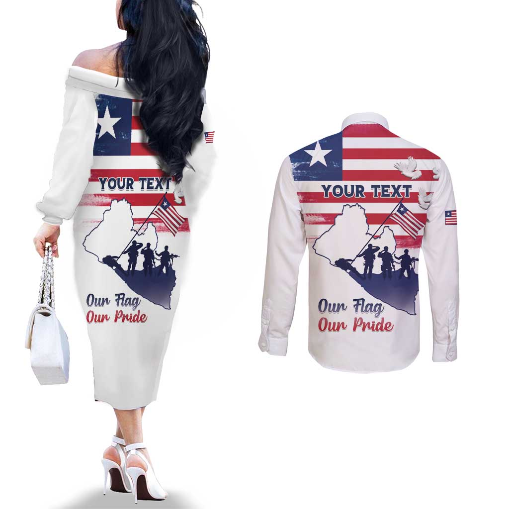 Personalised Liberia Flag Day Couples Matching Off The Shoulder Long Sleeve Dress and Long Sleeve Button Shirt Our Flag Our Pride