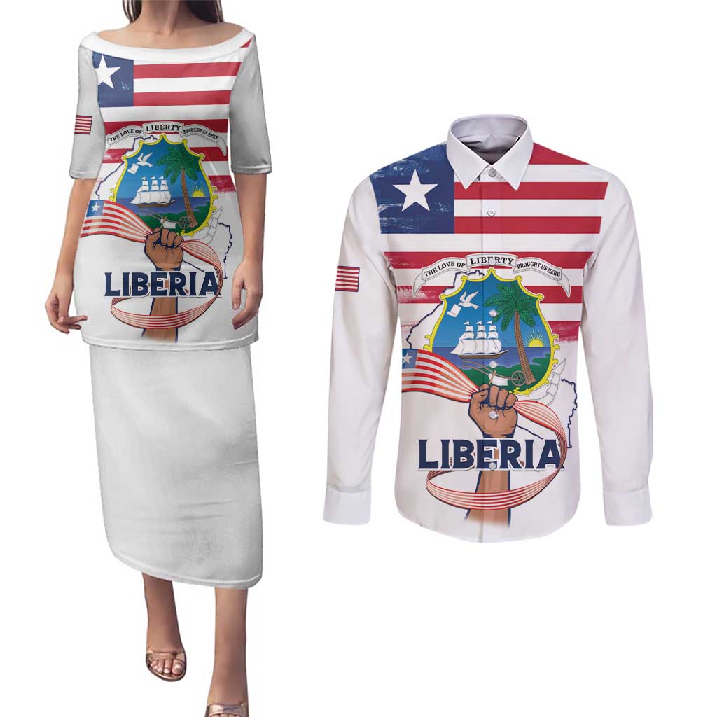 Personalised Liberia Flag Day Couples Matching Puletasi and Long Sleeve Button Shirt Our Flag Our Pride