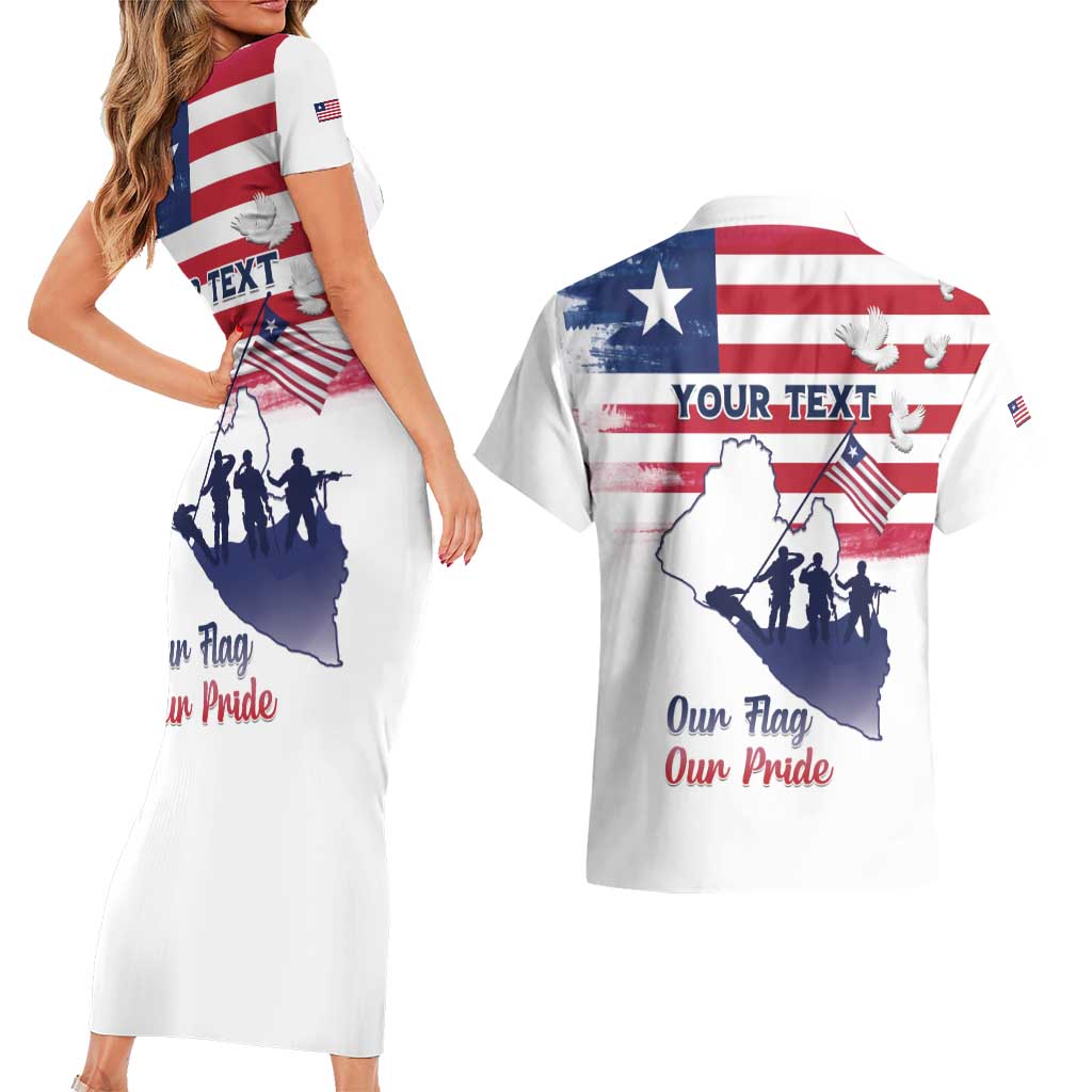 Personalised Liberia Flag Day Couples Matching Short Sleeve Bodycon Dress and Hawaiian Shirt Our Flag Our Pride