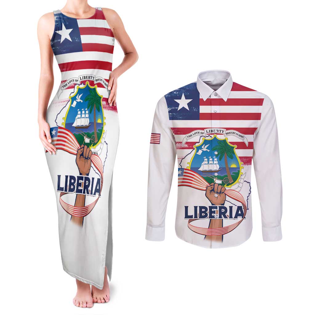 Personalised Liberia Flag Day Couples Matching Tank Maxi Dress and Long Sleeve Button Shirt Our Flag Our Pride