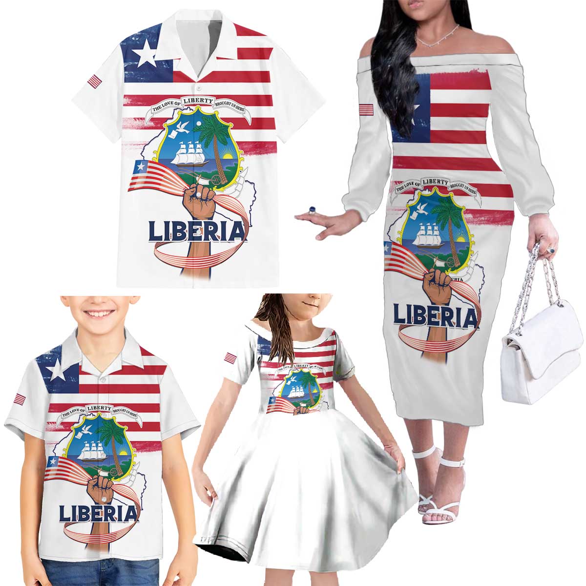 Personalised Liberia Flag Day Family Matching Off The Shoulder Long Sleeve Dress and Hawaiian Shirt Our Flag Our Pride