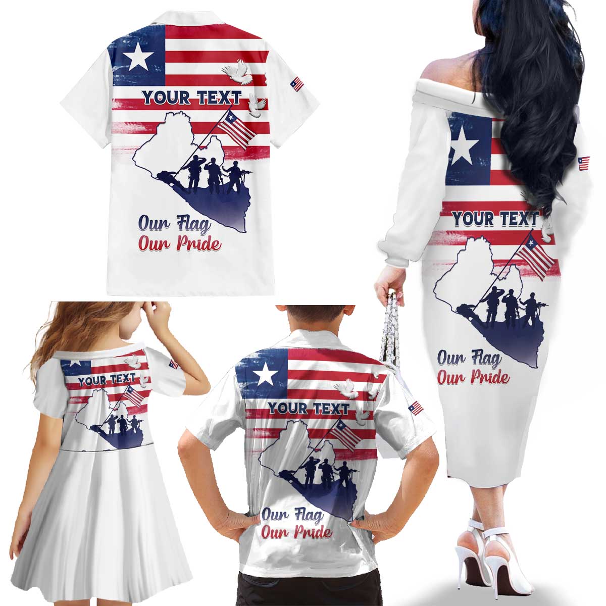 Personalised Liberia Flag Day Family Matching Off The Shoulder Long Sleeve Dress and Hawaiian Shirt Our Flag Our Pride