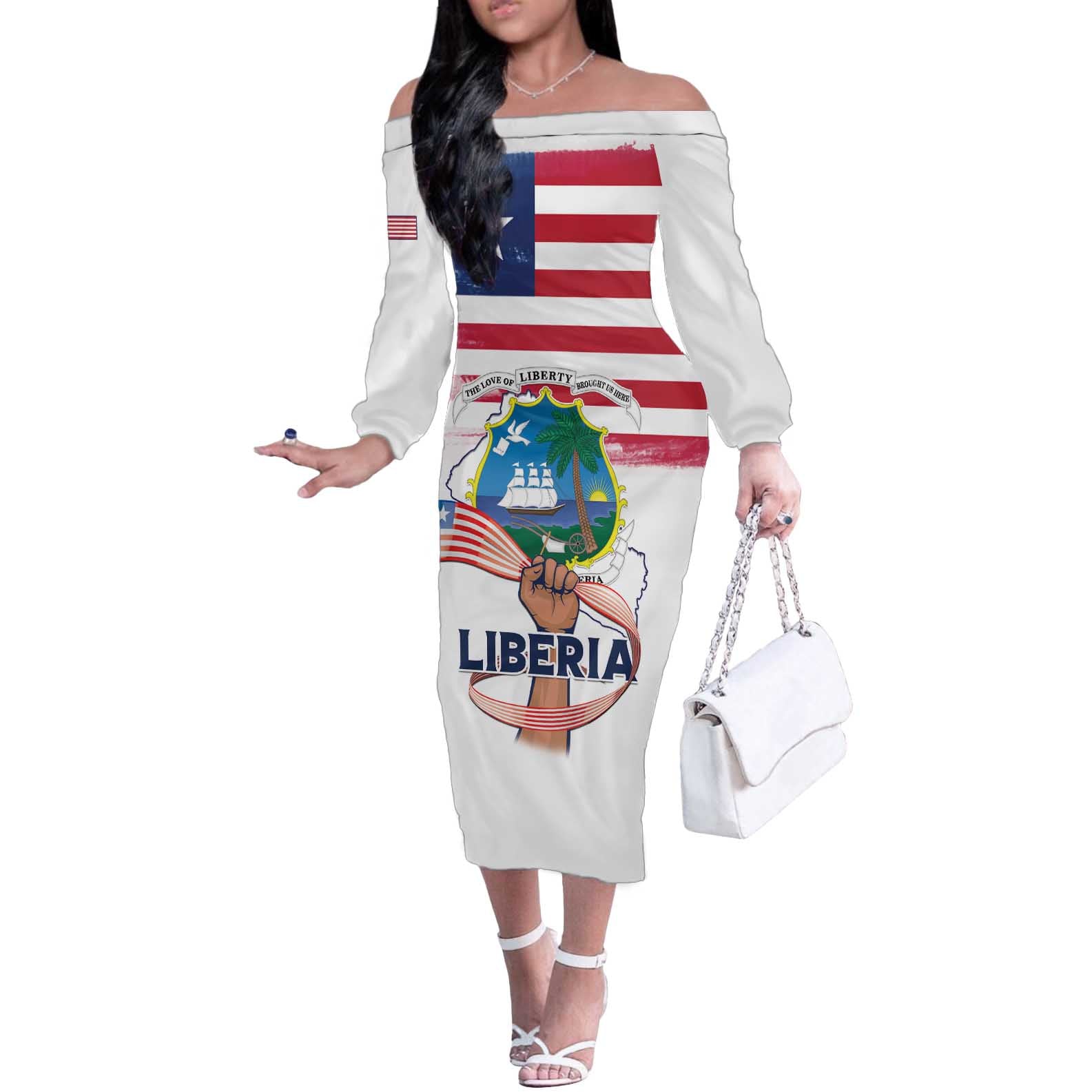Personalised Liberia Flag Day Off The Shoulder Long Sleeve Dress Our Flag Our Pride