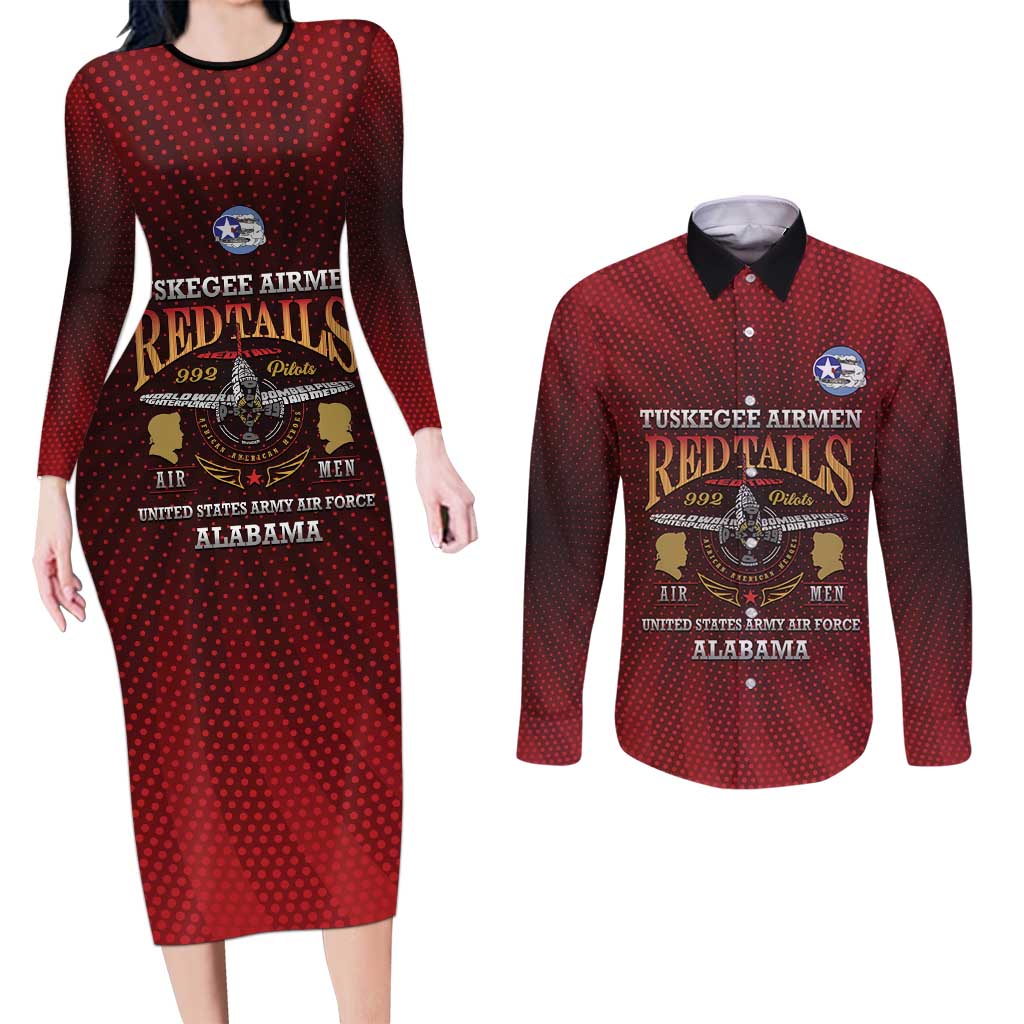 Personalized Red Tails Legacy Couples Matching Long Sleeve Bodycon Dress and Long Sleeve Button Shirt Tuskegee Airmen WWII Heroes - Wonder Print Shop