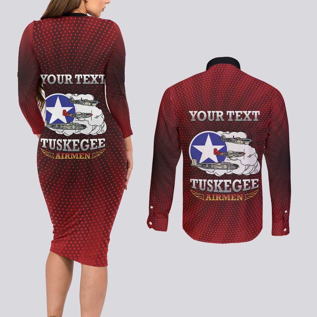 Personalized Red Tails Legacy Couples Matching Long Sleeve Bodycon Dress and Long Sleeve Button Shirt Tuskegee Airmen WWII Heroes - Wonder Print Shop