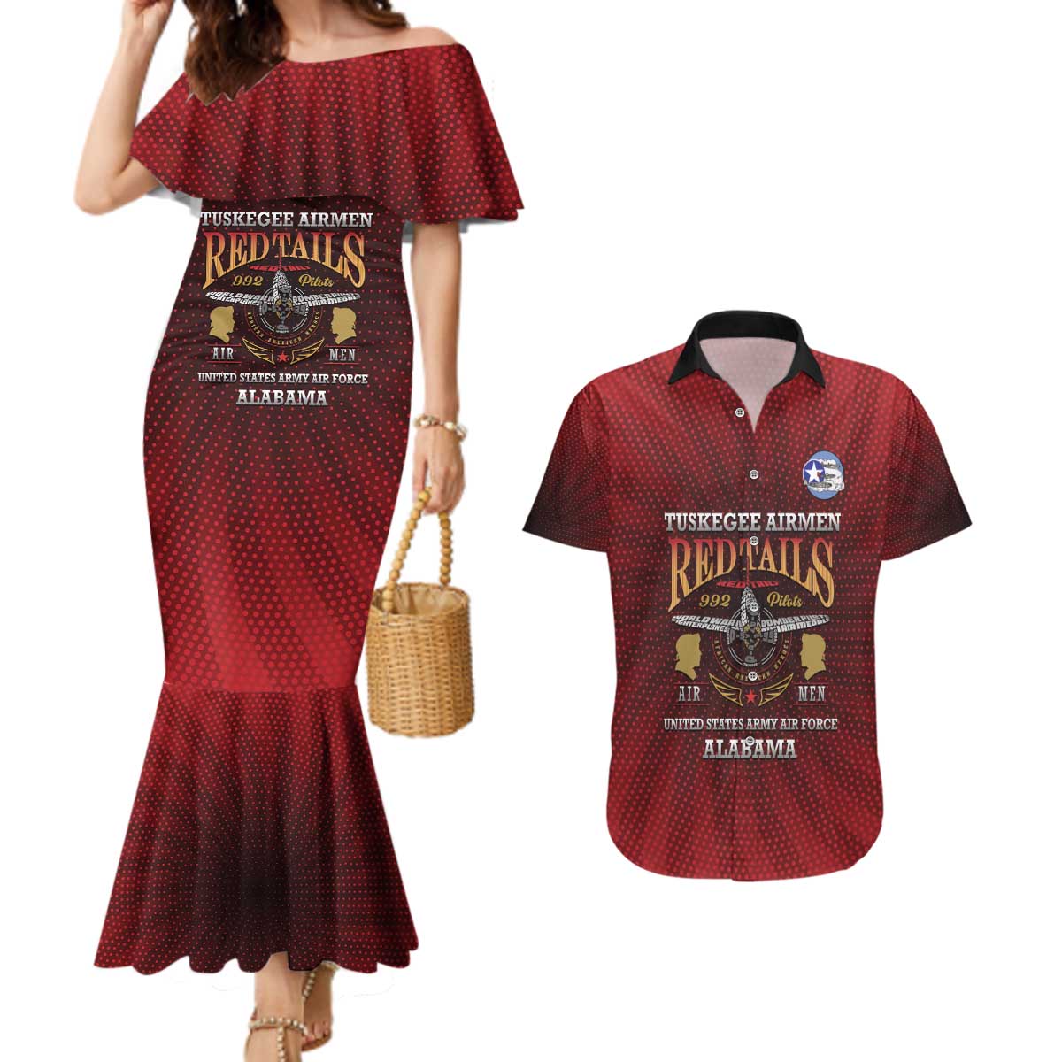Personalized Red Tails Legacy Couples Matching Mermaid Dress and Hawaiian Shirt Tuskegee Airmen WWII Heroes - Wonder Print Shop