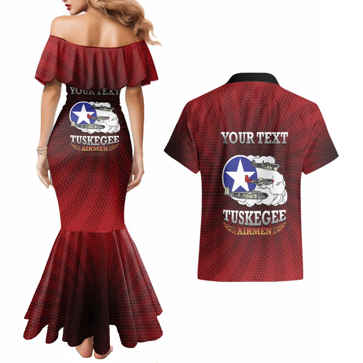 Personalized Red Tails Legacy Couples Matching Mermaid Dress and Hawaiian Shirt Tuskegee Airmen WWII Heroes - Wonder Print Shop