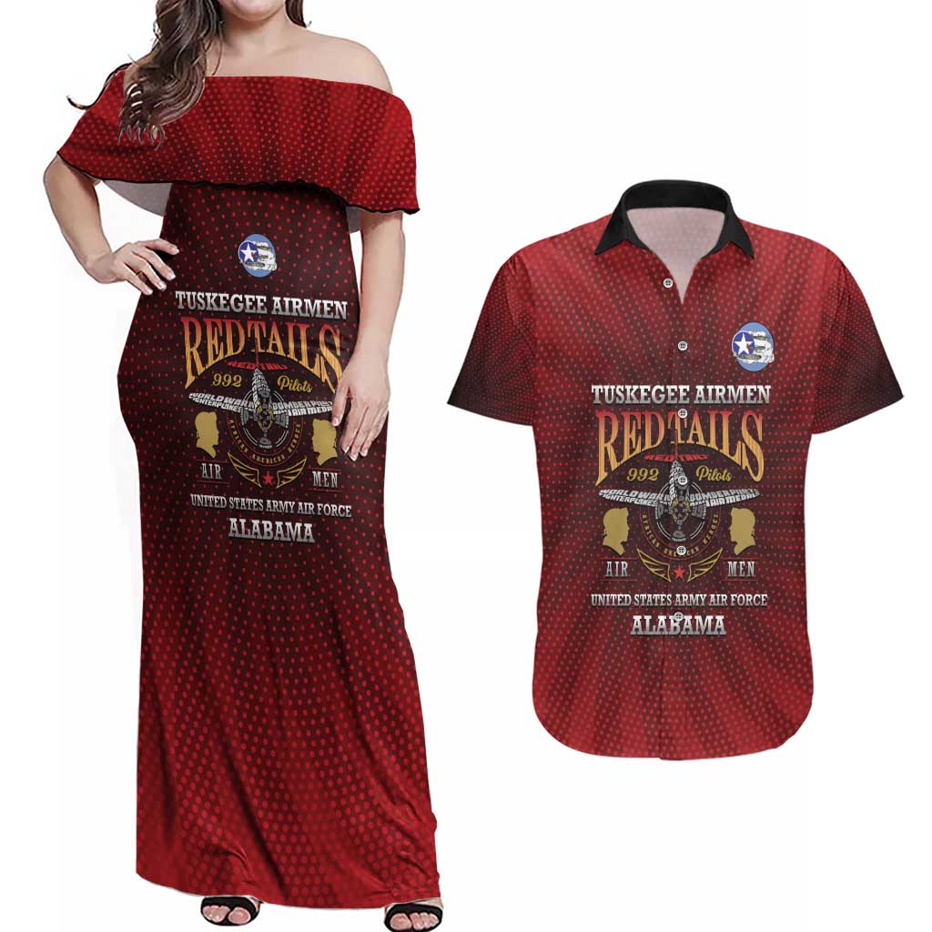 Personalized Red Tails Legacy Couples Matching Off Shoulder Maxi Dress and Hawaiian Shirt Tuskegee Airmen WWII Heroes - Wonder Print Shop